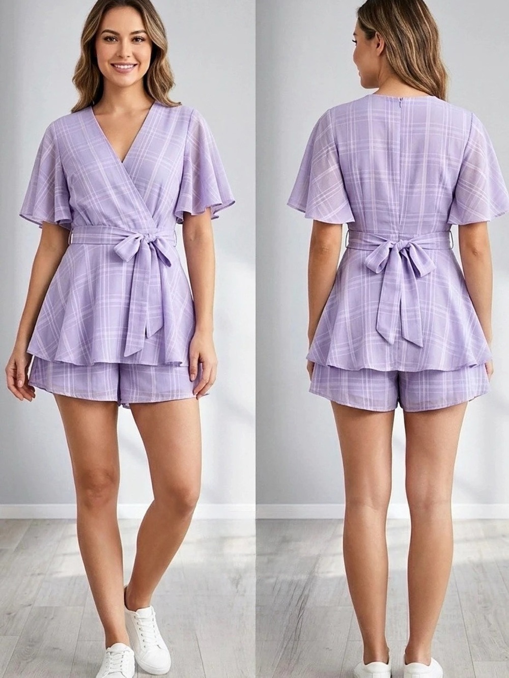 AIMCOO Lavender Plaid Deep V-Neck Romper with Double Layer Ruffle Hem Size L